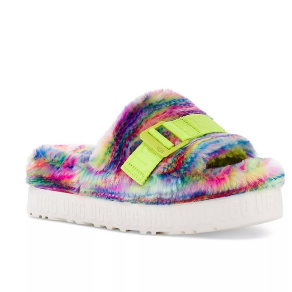 NWOB UGG Fluffita Pixelate Slide Sandals | Size 9 Multicolor Faux Shearling - Picture 1 of 9